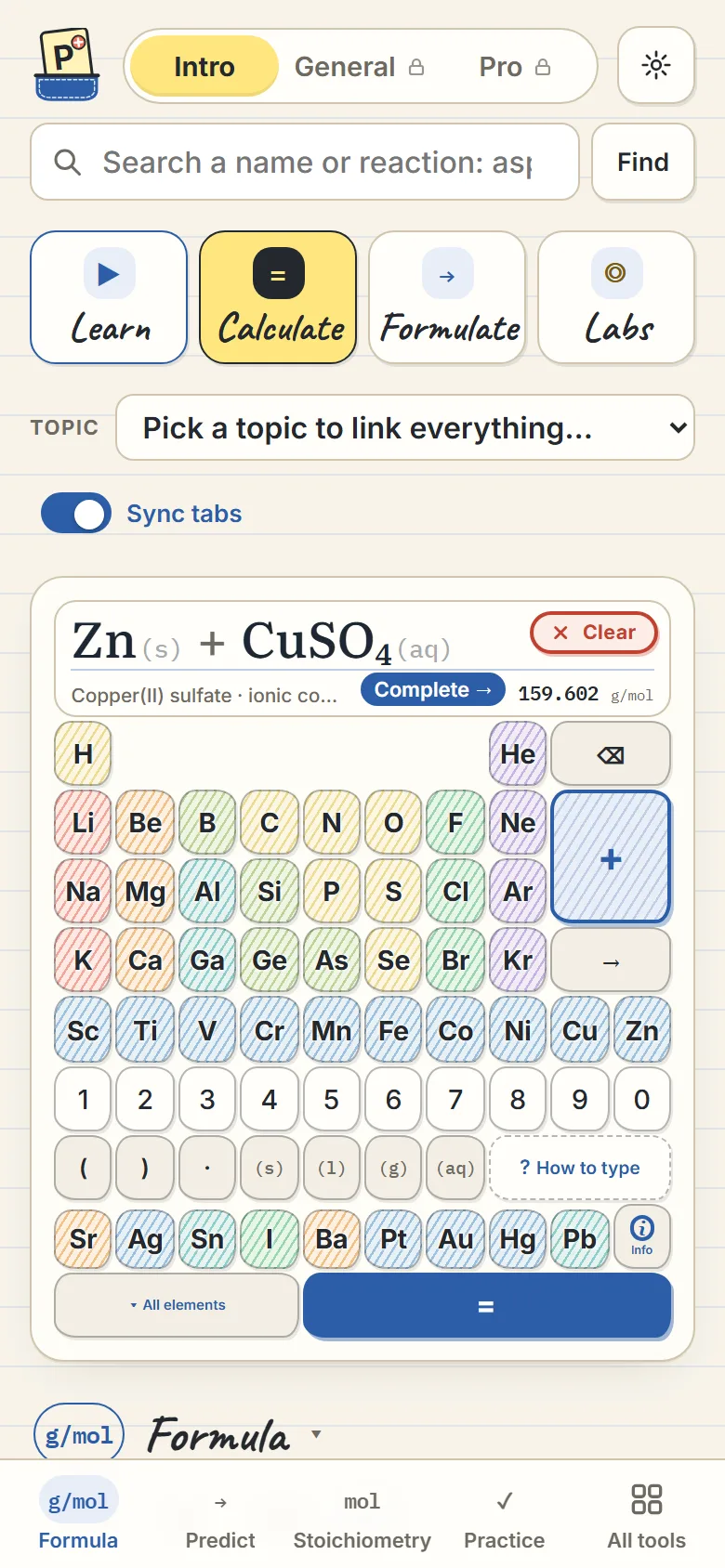 The Chemistry calculator: tap elements on the periodic table to build a formula