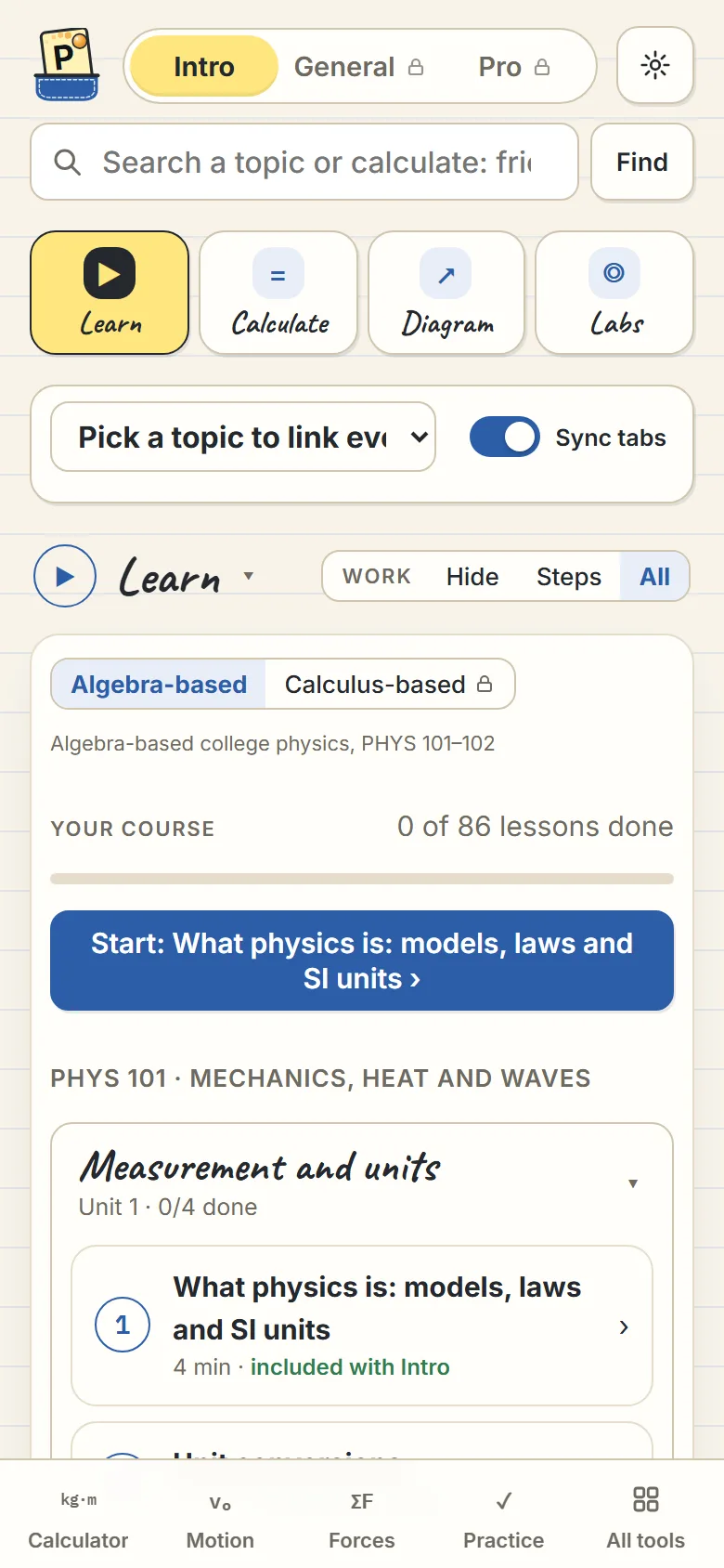 Physics Learn: the algebra-based course, unit by unit
